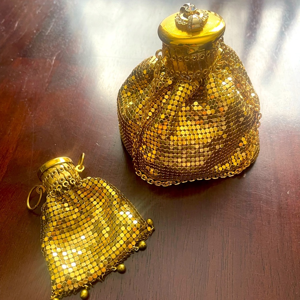 Set Whiting and Davis gold beggars bag wristlet purse and matching coin purse.